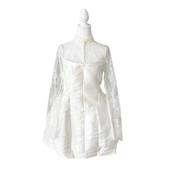 BHLDN Long-Sleeve High-Neck Lace Fit & Flare Mini Dress White 2 NWT - Picture 4 of 11